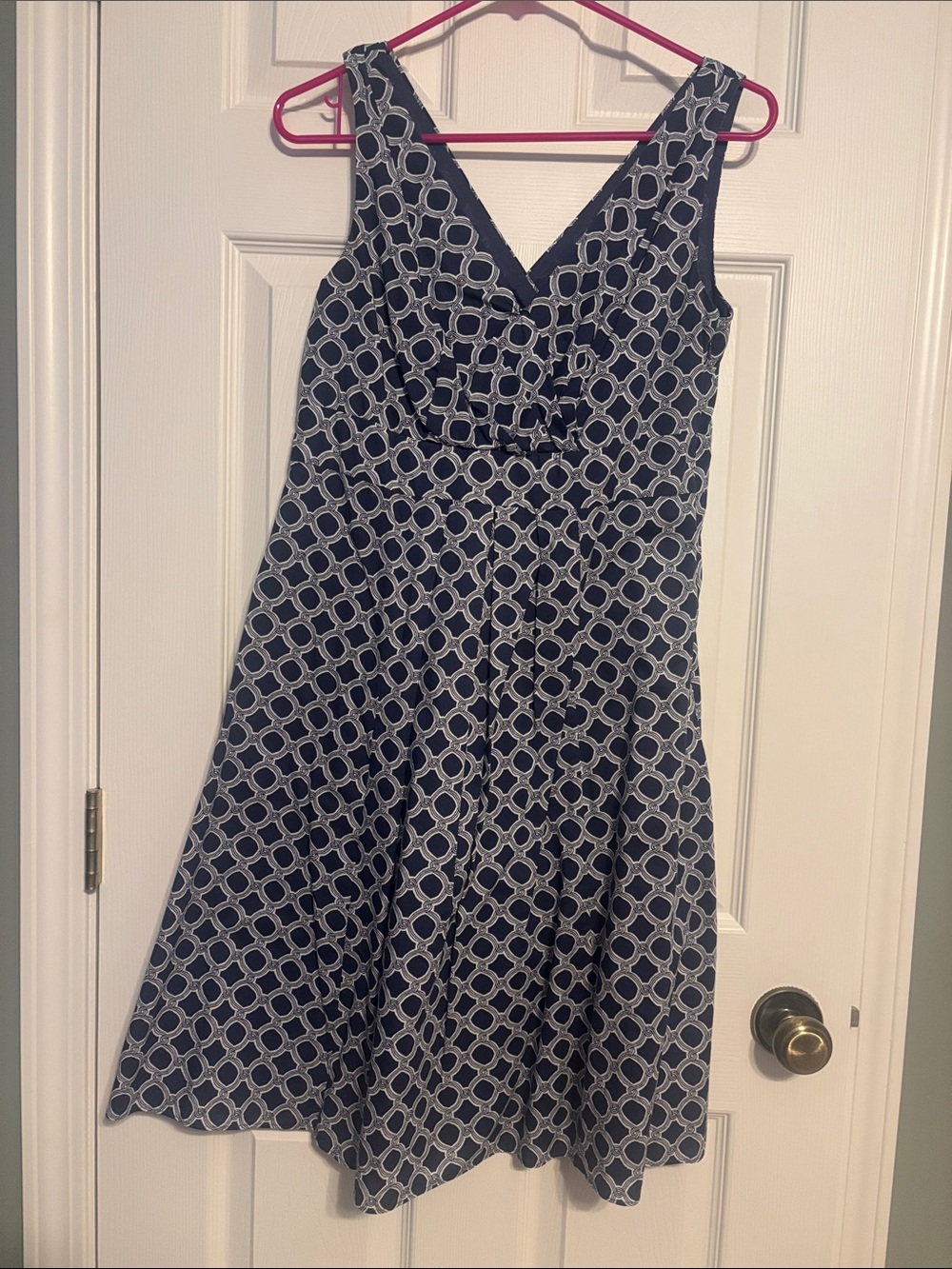Lands' End Navy and White Geometric V-Neck Midi Dress